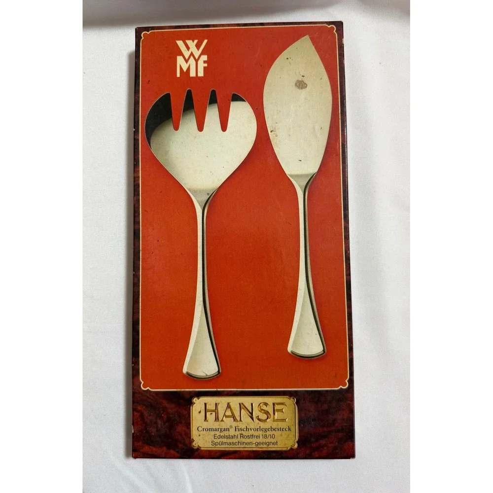 Vintage WMF Hanse Fish Serving Set Salad Servers Cromargan Stainless Germany Box